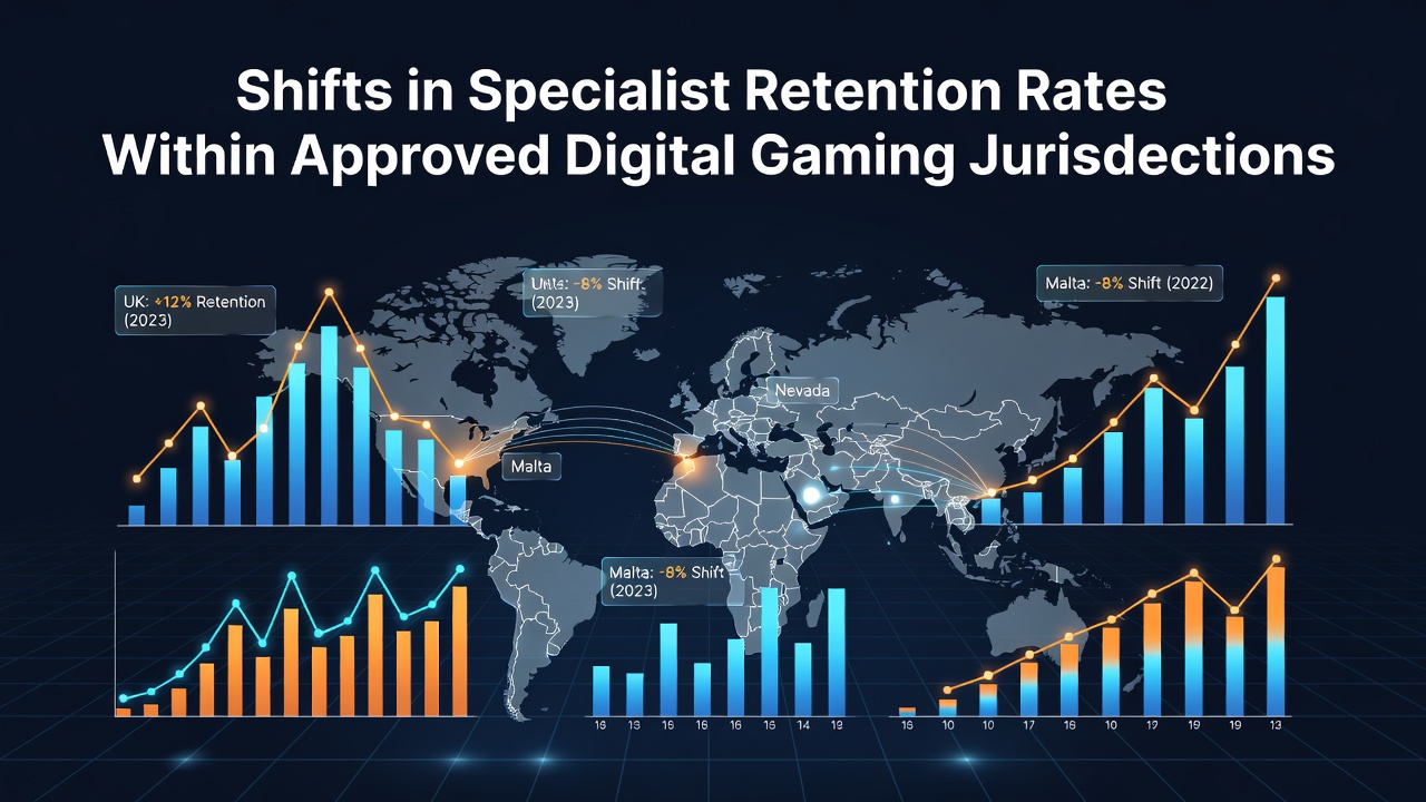 Chart showing retention rate trends for gaming specialists across multiple digital jurisdictions from 2023 to 2026